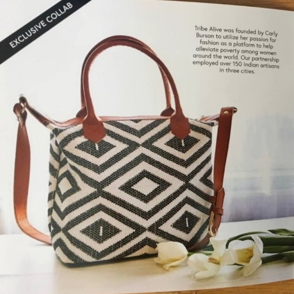 Rachel Zoe × Tribe Alive Geometric Woven Tote Bag Black White Tan Leather Straps - Picture 12 of 16